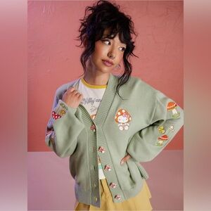 Hot Topic Green Cardigan with Mushroom Embroidery